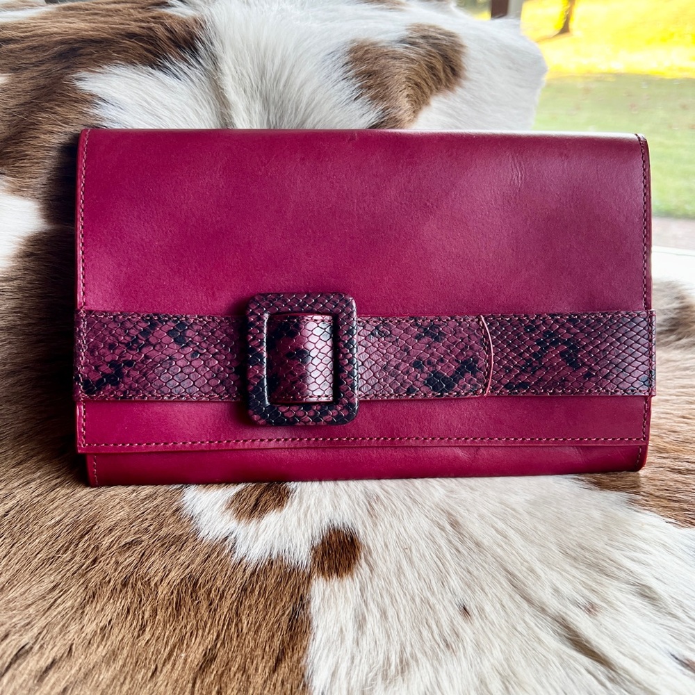Able Cranberry Clutch with Snakeskin Accent